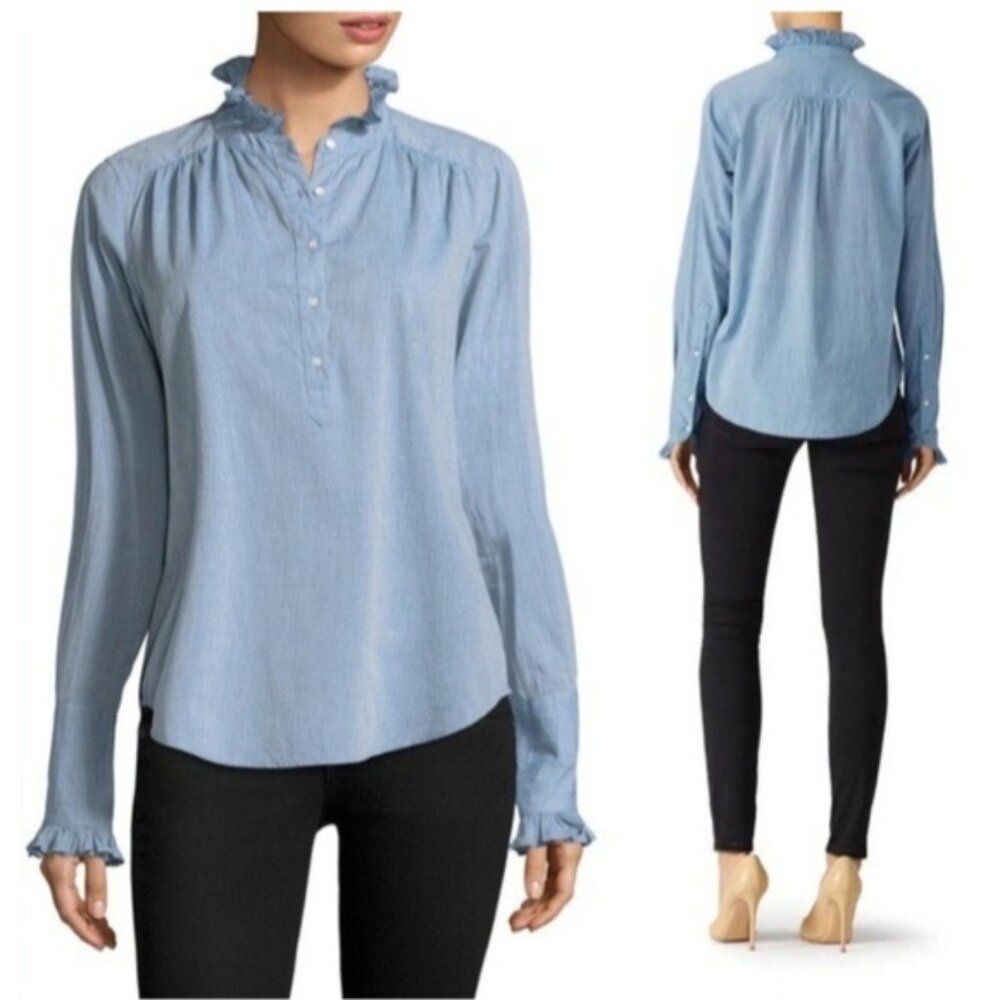 Joue Reka Women's Blue Ruffled Collar Long Sleeve Top